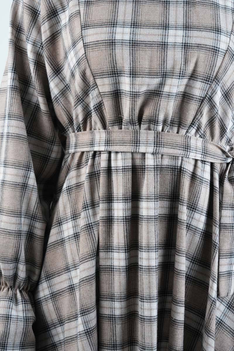 Tesettür Elbise Bel Lastikli Fırfır Kol Ekose Elbise Krem - 5