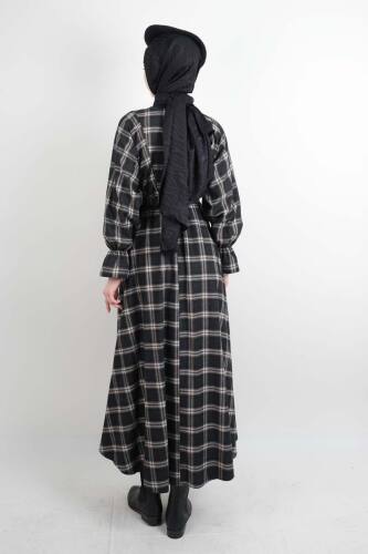 Tesettür Elbise Bel Lastikli Fırfır Kol Ekose Elbise Siyah - 3