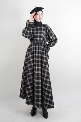 Tesettür Elbise Bel Lastikli Fırfır Kol Ekose Elbise Siyah - 03Kız Kulesi Teks