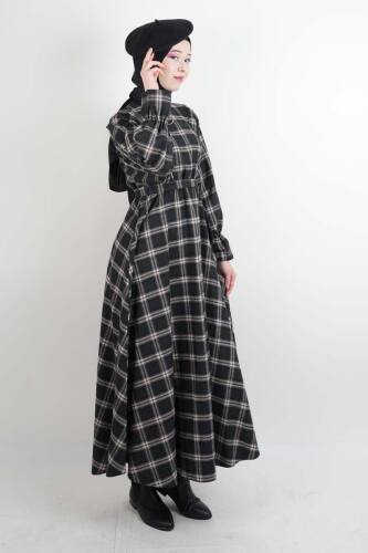 Tesettür Elbise Bel Lastikli Fırfır Kol Ekose Elbise Siyah - 03Kız Kulesi Teks (1)