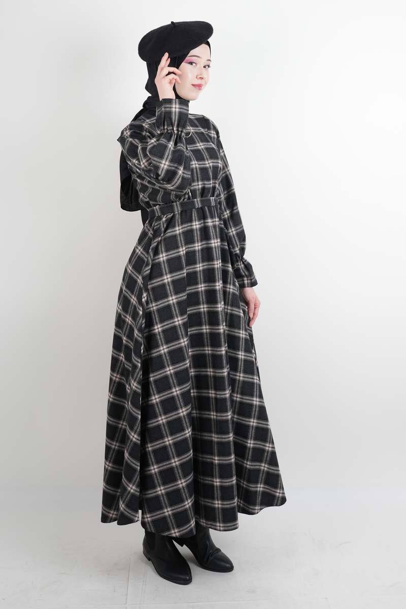 Tesettür Elbise Bel Lastikli Fırfır Kol Ekose Elbise Siyah - 2