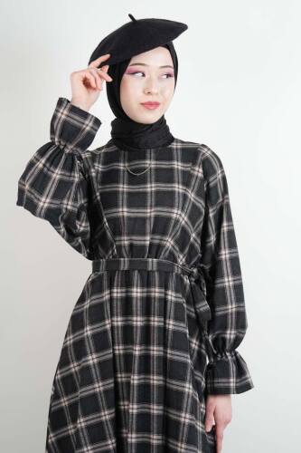 Tesettür Elbise Bel Lastikli Fırfır Kol Ekose Elbise Siyah - 4