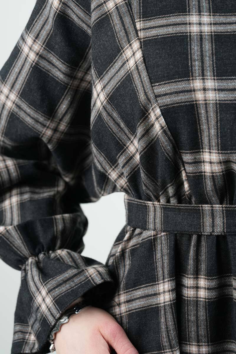 Tesettür Elbise Bel Lastikli Fırfır Kol Ekose Elbise Siyah - 5