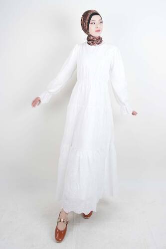 Tesettür Elbise Bel Lastikli Kol Fırfırlı Fisto Elbise Beyaz - 03Kız Kulesi Teks
