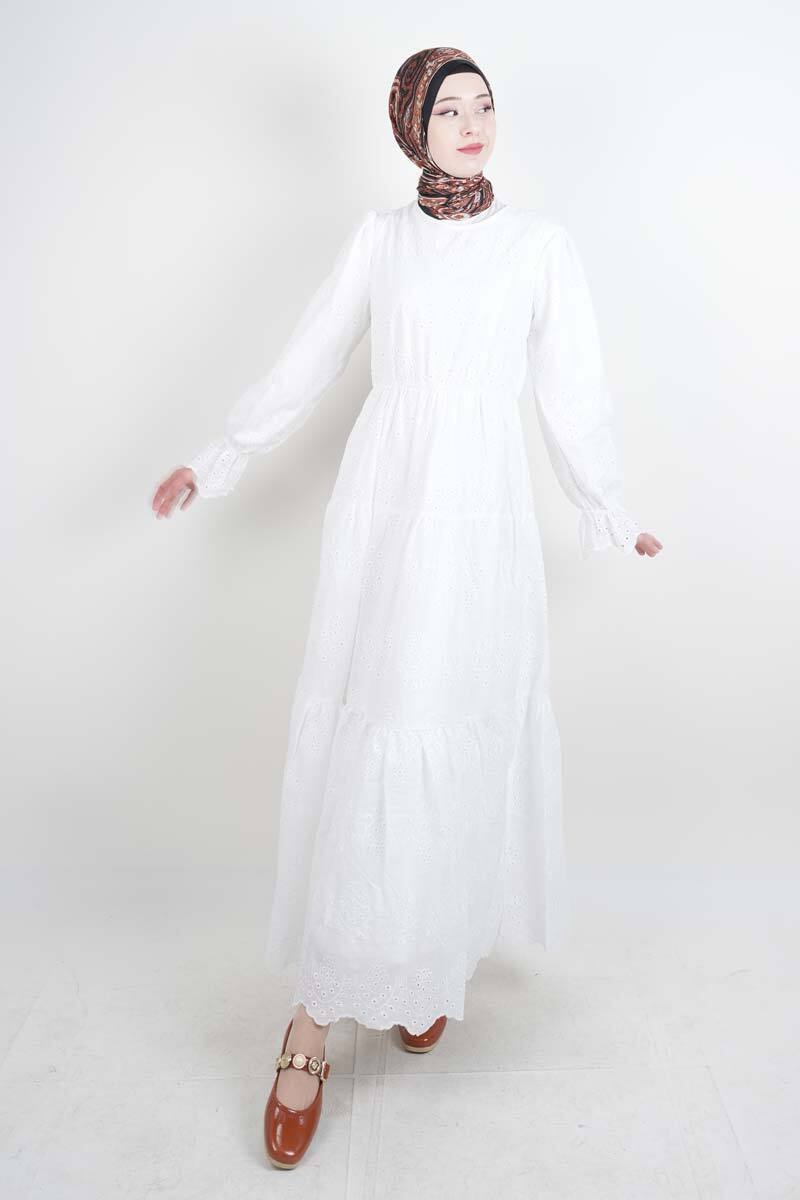 Tesettür Elbise Bel Lastikli Kol Fırfırlı Fisto Elbise Beyaz - 1