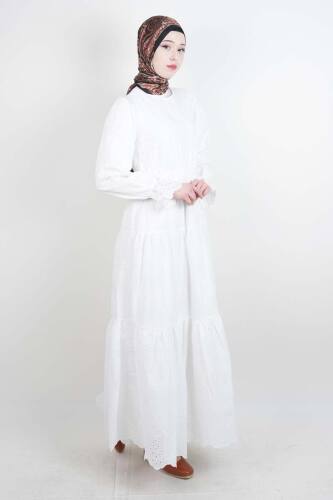 Tesettür Elbise Bel Lastikli Kol Fırfırlı Fisto Elbise Beyaz - 03Kız Kulesi Teks (1)