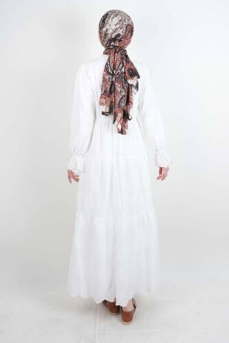 Tesettür Elbise Bel Lastikli Kol Fırfırlı Fisto Elbise Beyaz - 3