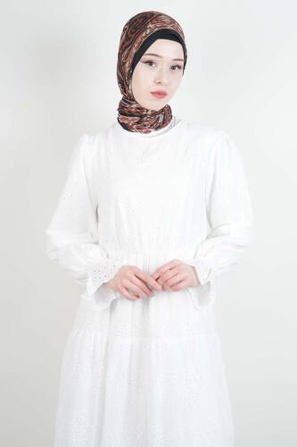 Tesettür Elbise Bel Lastikli Kol Fırfırlı Fisto Elbise Beyaz - 4