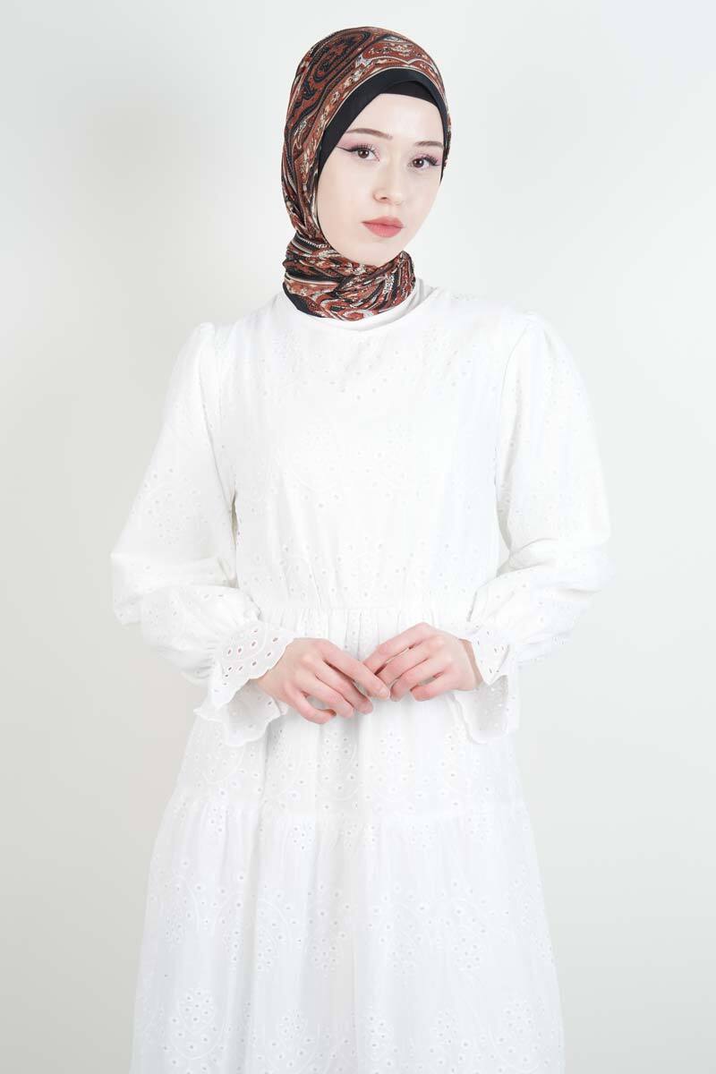 Tesettür Elbise Bel Lastikli Kol Fırfırlı Fisto Elbise Beyaz - 4