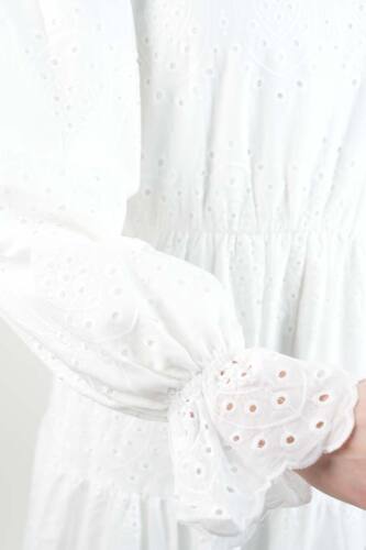 Tesettür Elbise Bel Lastikli Kol Fırfırlı Fisto Elbise Beyaz - 5