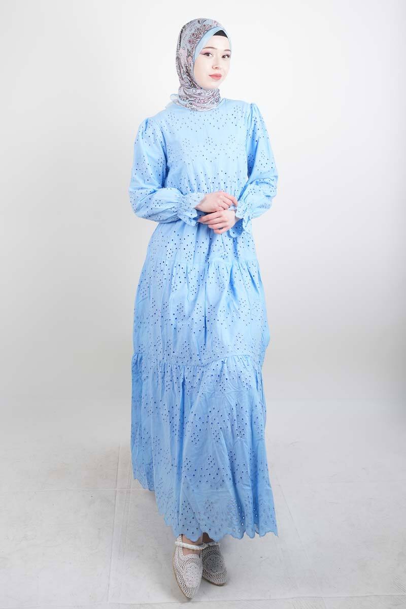 Tesettür Elbise Bel Lastikli Kol Fırfırlı Fisto Elbise Mavi - 1