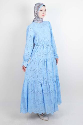 Tesettür Elbise Bel Lastikli Kol Fırfırlı Fisto Elbise Mavi - 03Kız Kulesi Teks (1)