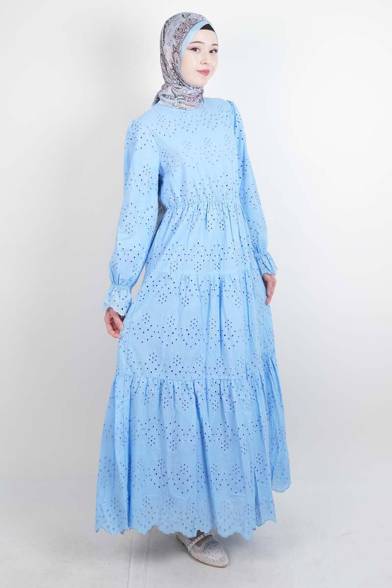 Tesettür Elbise Bel Lastikli Kol Fırfırlı Fisto Elbise Mavi - 2