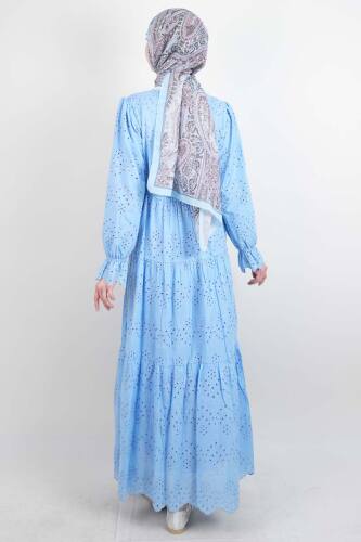 Tesettür Elbise Bel Lastikli Kol Fırfırlı Fisto Elbise Mavi - 3