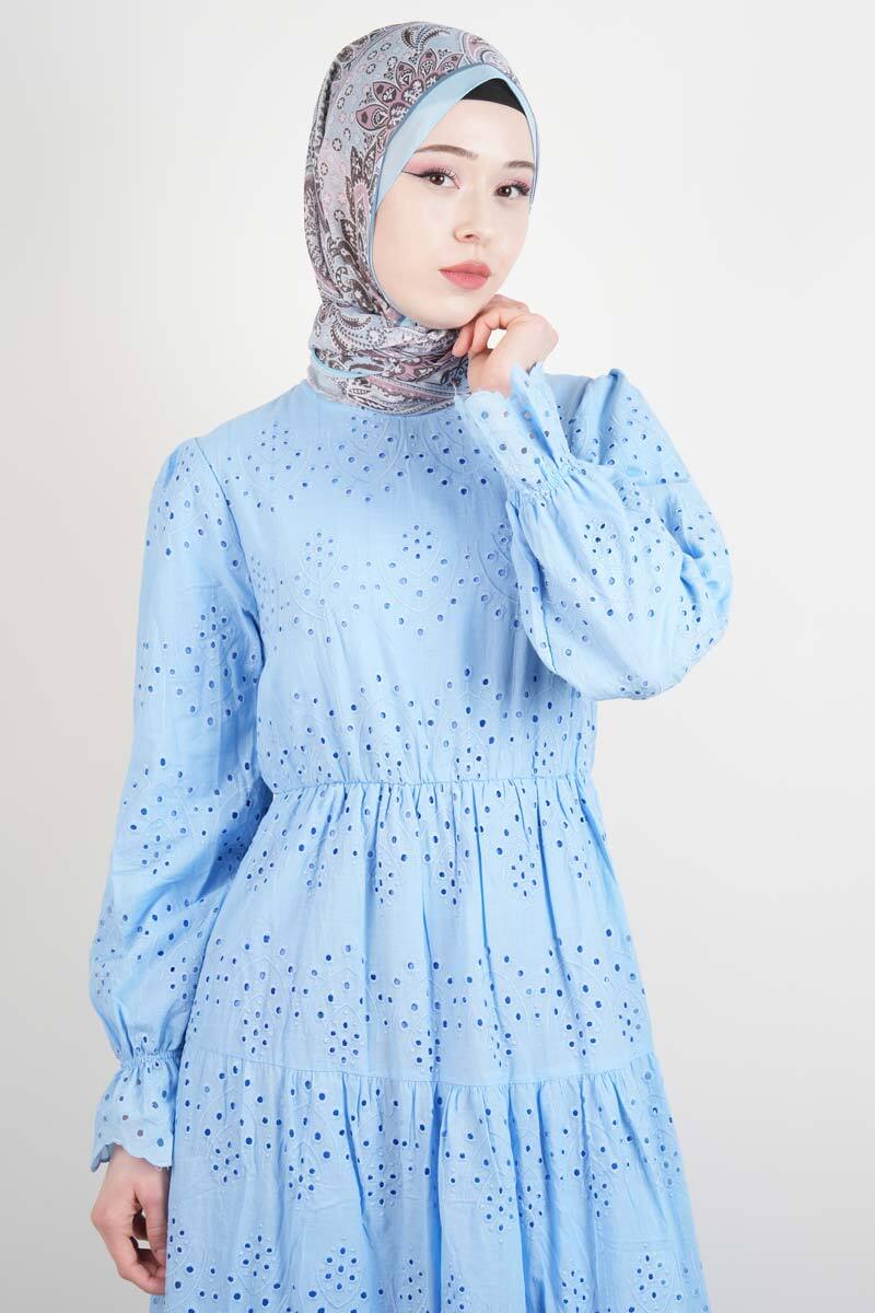 Tesettür Elbise Bel Lastikli Kol Fırfırlı Fisto Elbise Mavi - 4