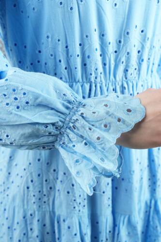 Tesettür Elbise Bel Lastikli Kol Fırfırlı Fisto Elbise Mavi - 5