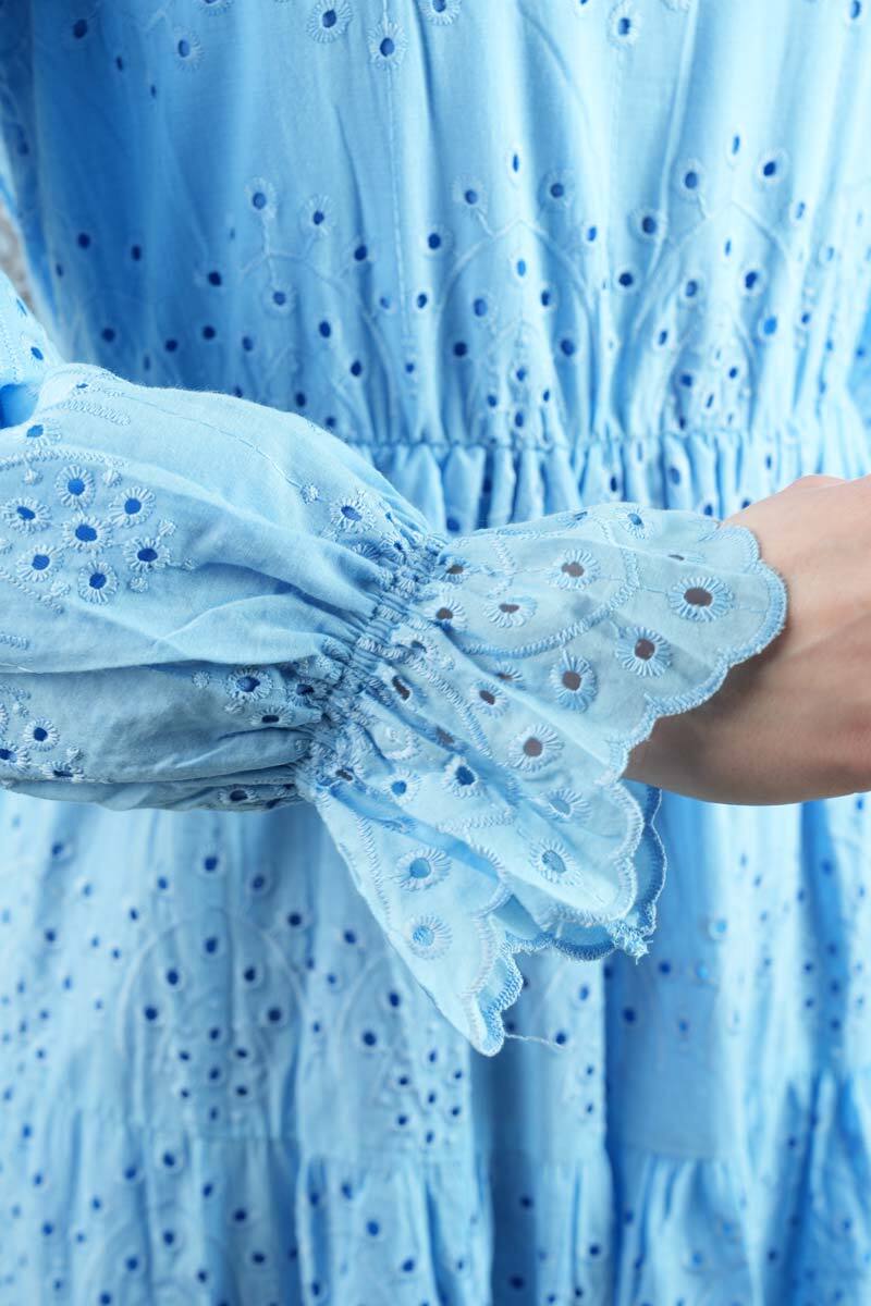 Tesettür Elbise Bel Lastikli Kol Fırfırlı Fisto Elbise Mavi - 5