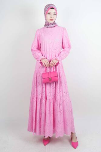 Tesettür Elbise Bel Lastikli Kol Fırfırlı Fisto Elbise Pembe - 03Kız Kulesi Teks