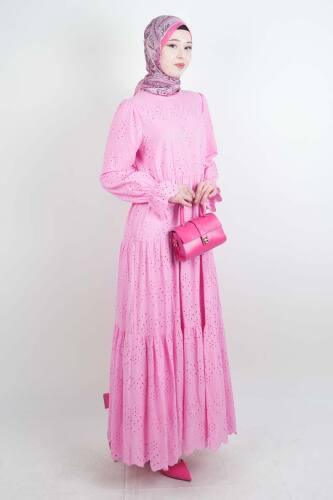 Tesettür Elbise Bel Lastikli Kol Fırfırlı Fisto Elbise Pembe - 03Kız Kulesi Teks (1)
