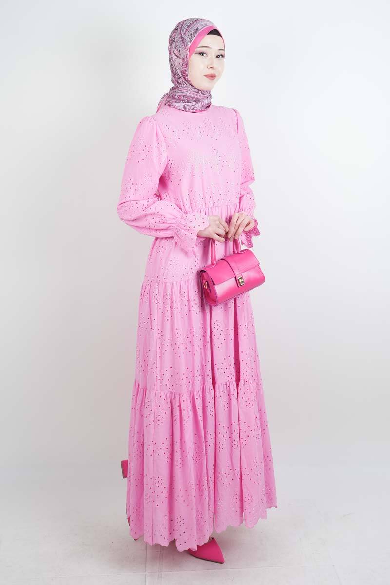 Tesettür Elbise Bel Lastikli Kol Fırfırlı Fisto Elbise Pembe - 2