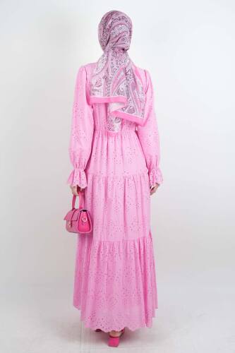 Tesettür Elbise Bel Lastikli Kol Fırfırlı Fisto Elbise Pembe - 3