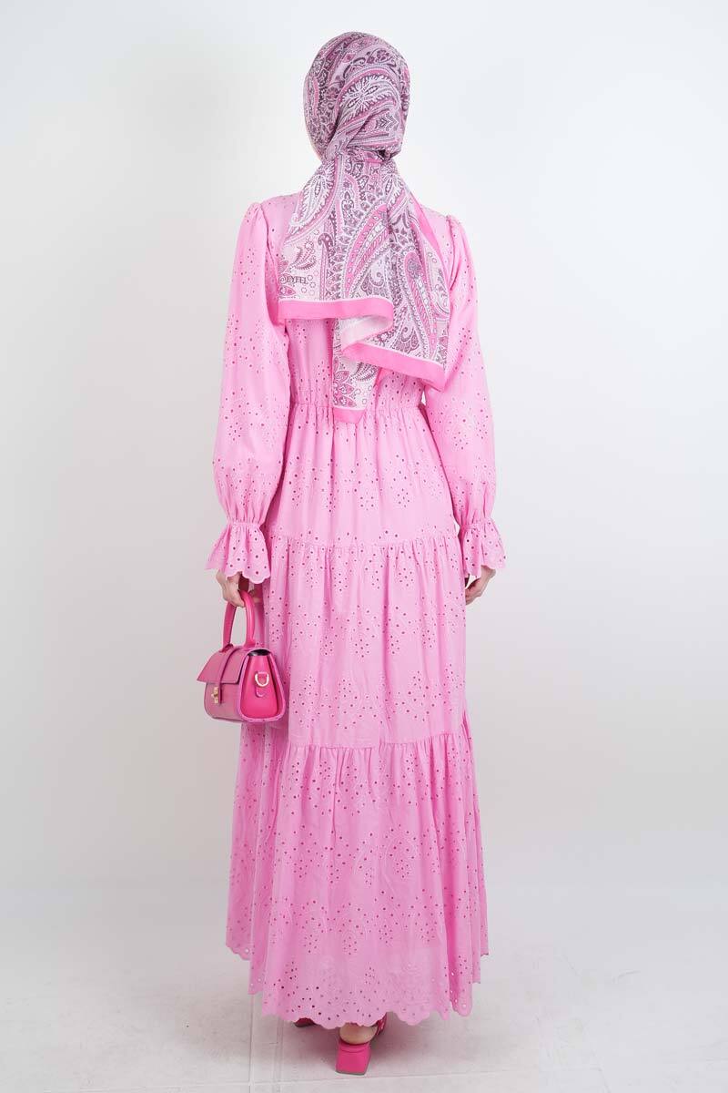 Tesettür Elbise Bel Lastikli Kol Fırfırlı Fisto Elbise Pembe - 3