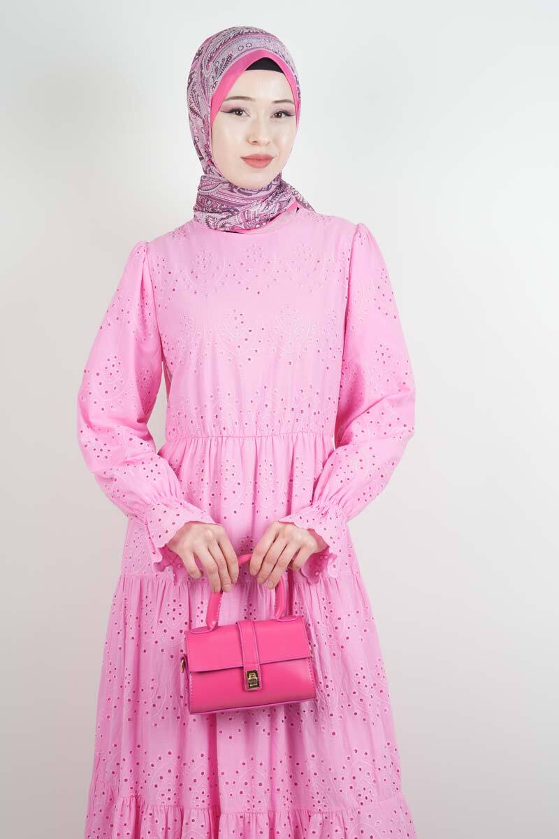 Tesettür Elbise Bel Lastikli Kol Fırfırlı Fisto Elbise Pembe - 4