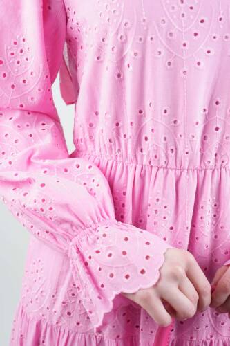 Tesettür Elbise Bel Lastikli Kol Fırfırlı Fisto Elbise Pembe - 5