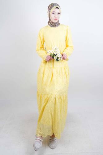 Tesettür Elbise Bel Lastikli Kol Fırfırlı Fisto Elbise Sarı - 03Kız Kulesi Teks