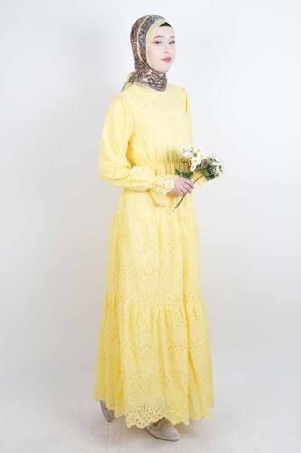 Tesettür Elbise Bel Lastikli Kol Fırfırlı Fisto Elbise Sarı - 03Kız Kulesi Teks (1)