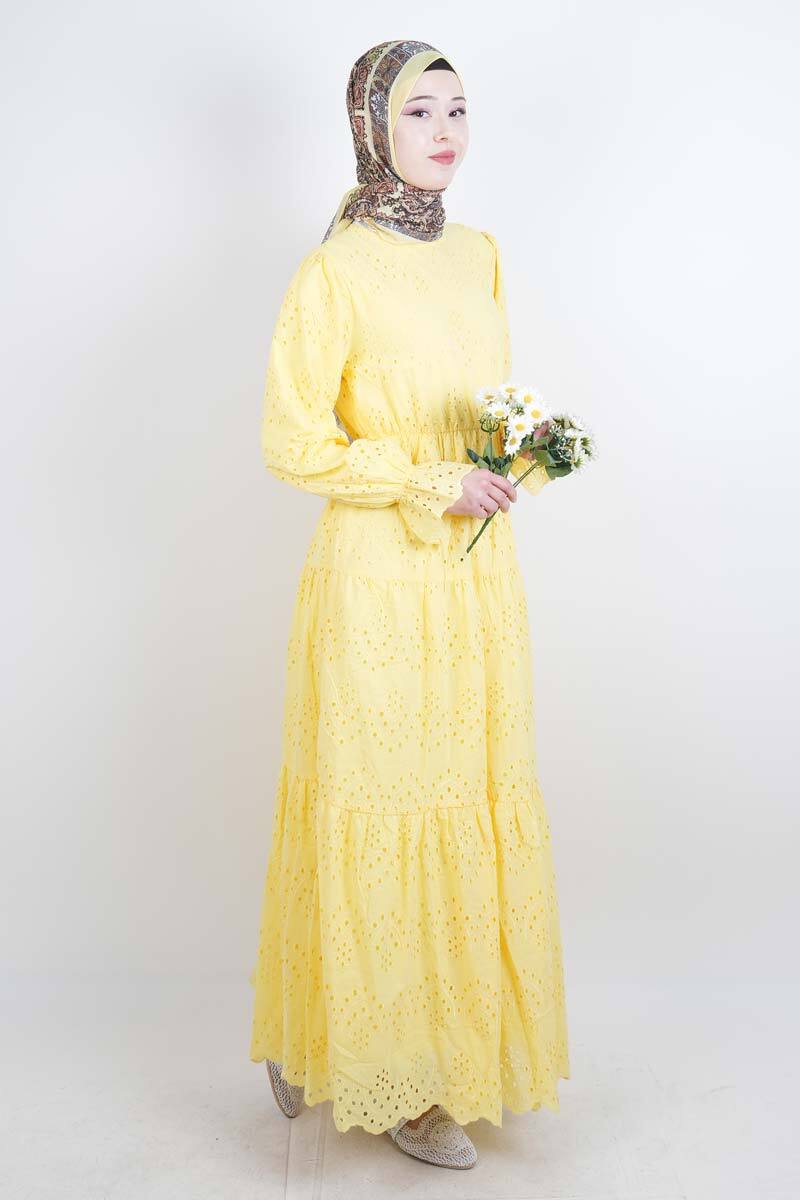 Tesettür Elbise Bel Lastikli Kol Fırfırlı Fisto Elbise Sarı - 2