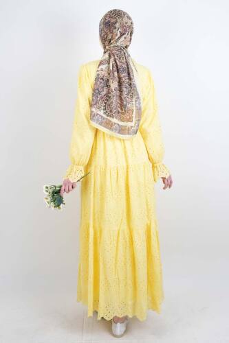 Tesettür Elbise Bel Lastikli Kol Fırfırlı Fisto Elbise Sarı - 3