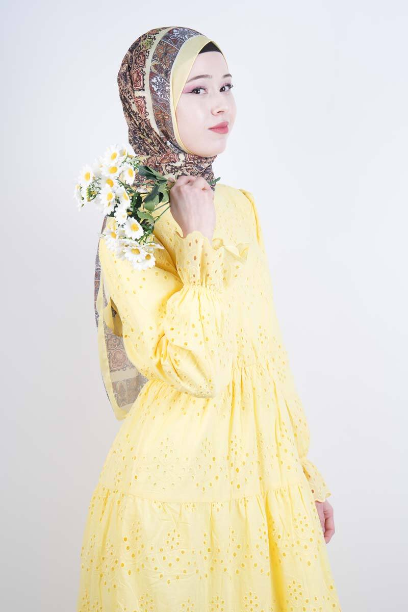 Tesettür Elbise Bel Lastikli Kol Fırfırlı Fisto Elbise Sarı - 4