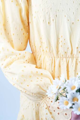 Tesettür Elbise Bel Lastikli Kol Fırfırlı Fisto Elbise Sarı - 5