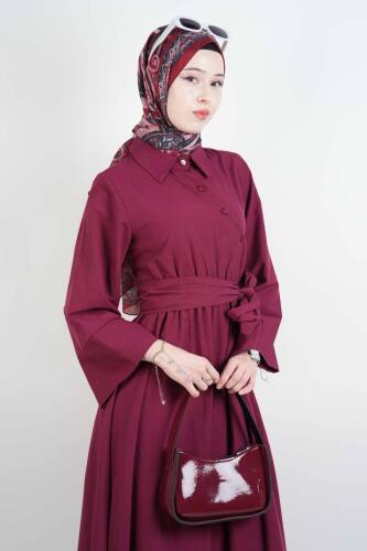Tesettür Elbise Çapraz Düğmeli Dolama Kuşaklı Poplin Elbise Bordo - 2
