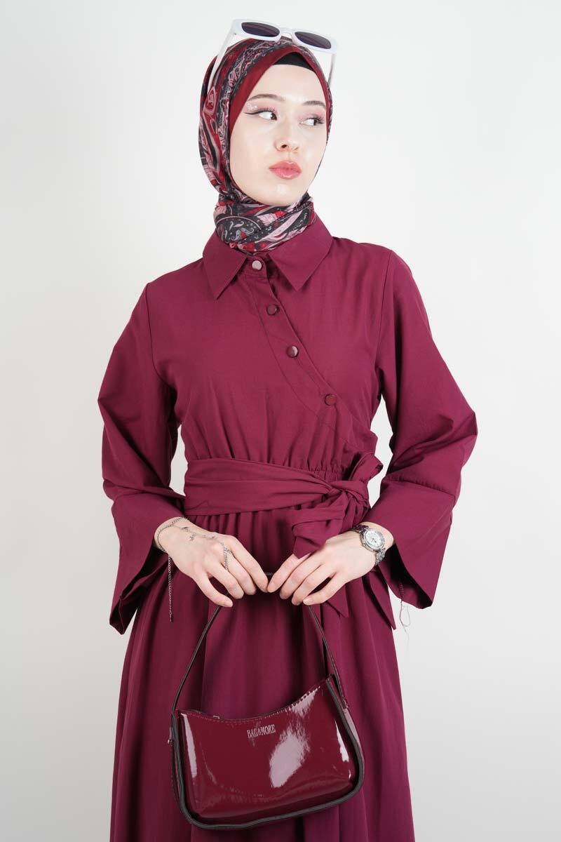 Tesettür Elbise Çapraz Düğmeli Dolama Kuşaklı Poplin Elbise Bordo - 3