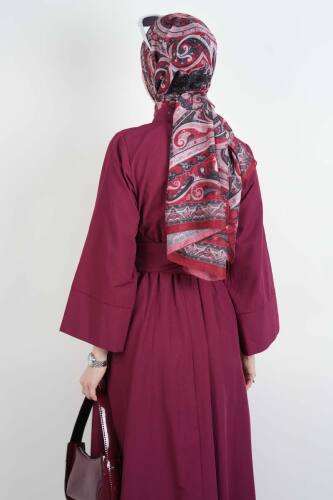 Tesettür Elbise Çapraz Düğmeli Dolama Kuşaklı Poplin Elbise Bordo - 4