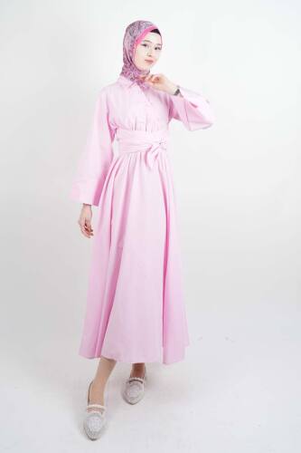 Tesettür Elbise Çapraz Düğmeli Dolama Kuşaklı Poplin Elbise Pembe - 1