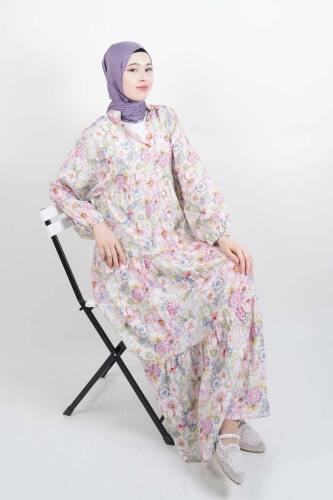 Tesettür Elbise Dijital Baskılı Alaçatı Model Modal Elbise Pembe 