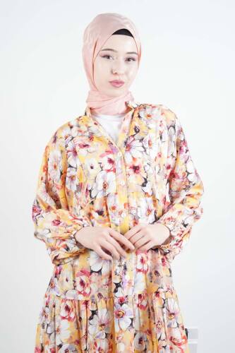 Tesettür Elbise Dijital Baskılı Alaçatı Model Modal Elbise Sarı - 2