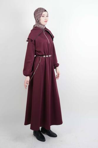 Tesettür Elbise Geniş Fermuar Yakalı Bel Lastikli Scuba Elbise Bordo - 03Kız Kulesi Teks (1)