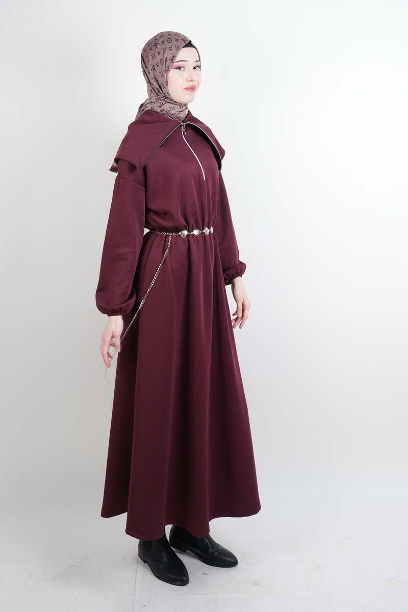 Tesettür Elbise Geniş Fermuar Yakalı Bel Lastikli Scuba Elbise Bordo - 2