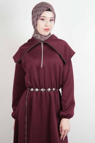 Tesettür Elbise Geniş Fermuar Yakalı Bel Lastikli Scuba Elbise Bordo - 4