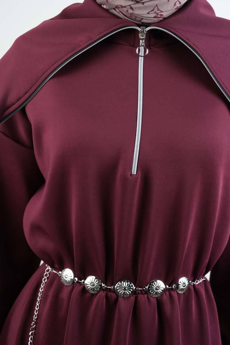 Tesettür Elbise Geniş Fermuar Yakalı Bel Lastikli Scuba Elbise Bordo - 5