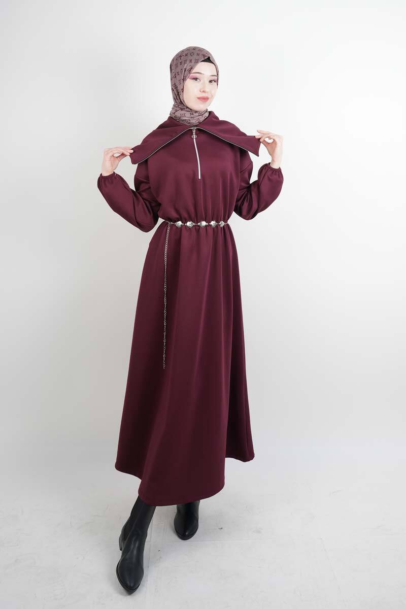 Tesettür Elbise Geniş Fermuar Yakalı Bel Lastikli Scuba Elbise Bordo - 1
