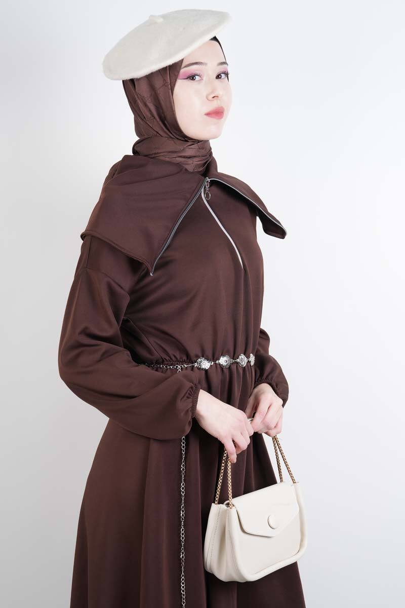 Tesettür Elbise Geniş Fermuar Yakalı Bel Lastikli Scuba Elbise Kahverengi - 2