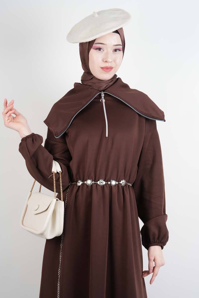 Tesettür Elbise Geniş Fermuar Yakalı Bel Lastikli Scuba Elbise Kahverengi - 3