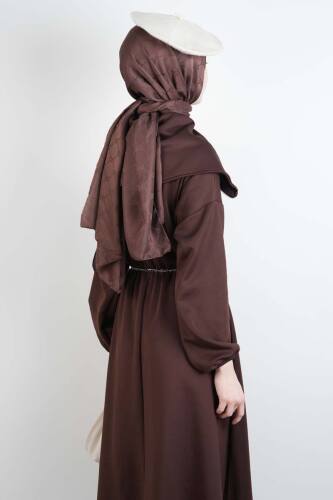 Tesettür Elbise Geniş Fermuar Yakalı Bel Lastikli Scuba Elbise Kahverengi - 4