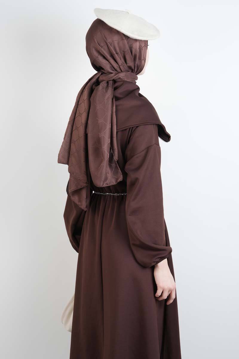 Tesettür Elbise Geniş Fermuar Yakalı Bel Lastikli Scuba Elbise Kahverengi - 4