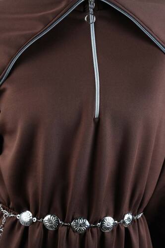Tesettür Elbise Geniş Fermuar Yakalı Bel Lastikli Scuba Elbise Kahverengi - 5